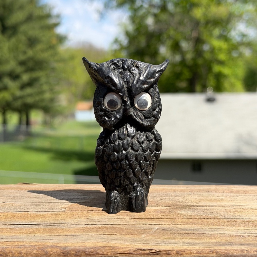Vintage Black Lava Rock Owl Figurine Paperweight with Googly Eyes